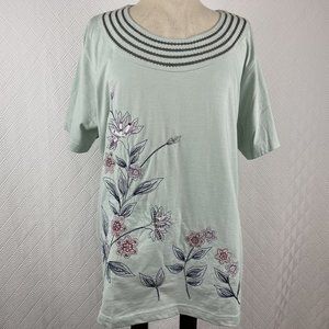 Adrian Delafield Woman’s Embroidered Top T-shirt Sage Green Sequins Floral XL